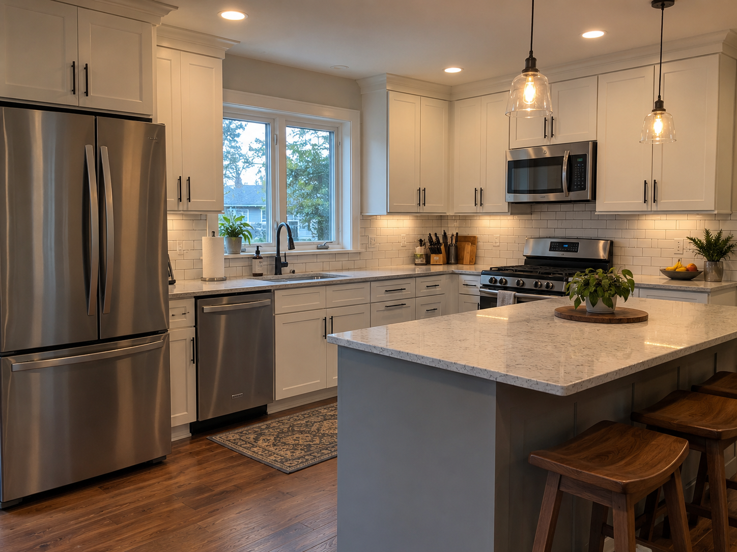 Finished kitchen with white cabinets, quartz countertops, and pendant lighting over the island